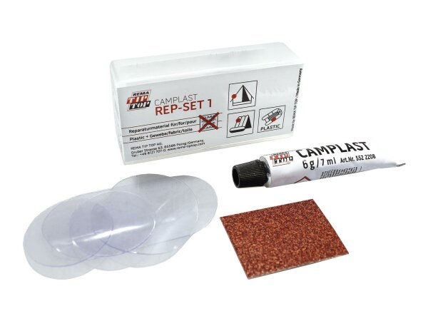 TIP TOP Flickzeug "Camplast 1" Für Campi zur dauerhaften Reparatur von allen PVC- und Kunststoffgewebe-Oberflächen sowie Kunstleder, 2 Flicken 35 mm, 1 Flicken 45 mm, 1 Flicken transparent 73x38 mm, 1 Rauhpapier, 1 Tube Camplast Cement 6 g, (Nr. 5524000)