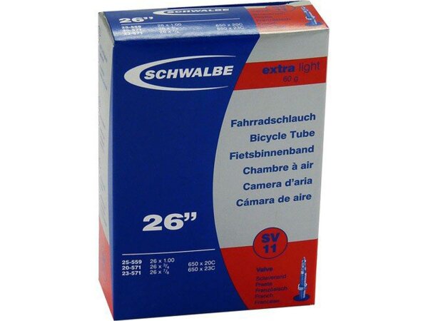 SCHWALBE Schlauch "Nr. 11 EXTRALIGHT" , 26" 20-559 26 x 3/4 25-559 26 x 1.00 20-571 26 x 3/4 23-571 26 x 7/8 Gewicht 60 