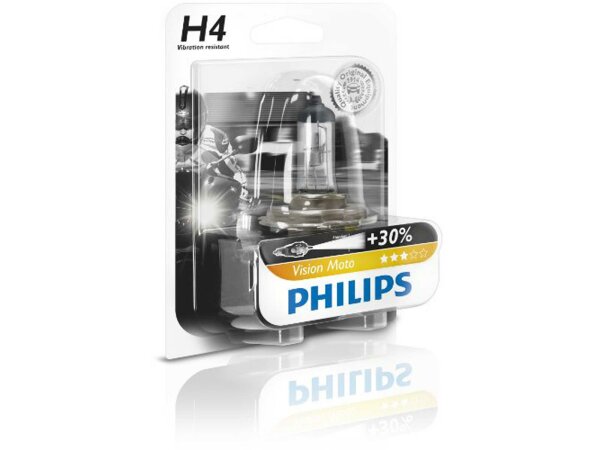 Scheinwerferlampe H4 Halogen, Sockel P43 PHILIPS "Vision Moto", 12 V 60/55 W, SB-verpackt 30 % mehr Sicht