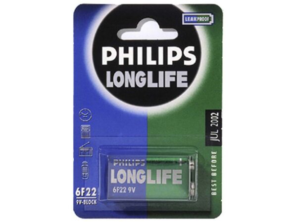 PHILIPS Batterie "Longlife" Umweltschone E-Block 9 Volt, 6F22,