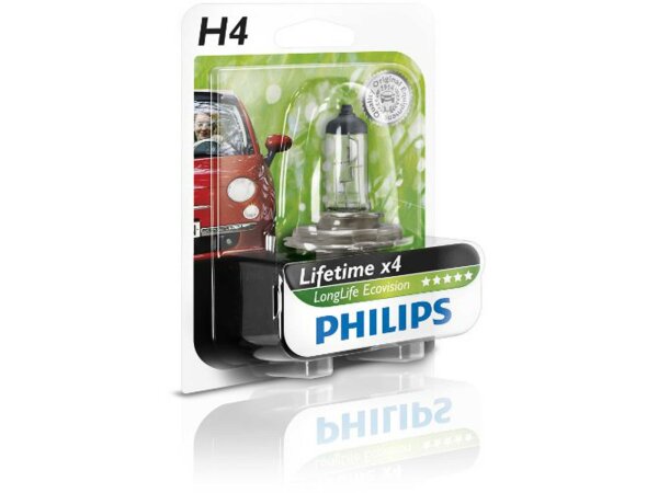 PHILIPS Hauptlampe H4, Sockel P43t-38 12 V, 60/55 W, "LongeLife EcoVision", SB-verpackt