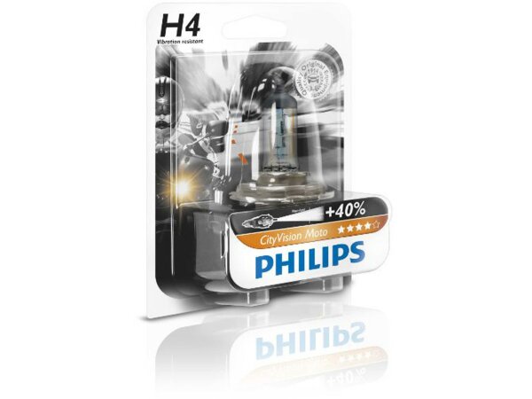 Scheinwerferlampe H4 Halogen, Sockel P43 PHILIPS "City Vision Moto", 12 V 60/55 W, SB-verpackt 40 % mehr Sicht