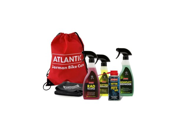 ATLANTIC Pflege-Set Produkte im Vorteils Bestehend aus: Kettenreiniger 500 ml (0.356.069/5) Kettenreiniger 250 ml (0.356.412/7) Radglanz (0.356.078/6) Kettenfett (0.356.065/3) Mikrofasertuch 40 x 40 cm