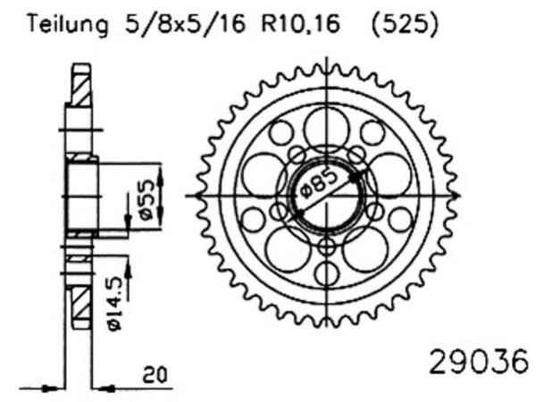 ESJOT Kettenrad "29036" 525, Stahl, silb 43 Zähne