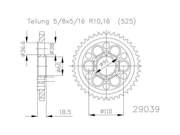 ESJOT Kettenrad "29039" 525, Stahl, silb 38 Zähne