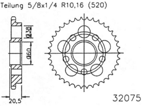 ESJOT Kettenrad "32075" 520, Stahl, silb 38 Zähne