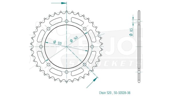 ESJOT Kettenrad "32028" 520, Stahl, schw 44 Zähne