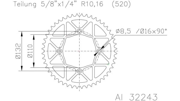 AFAM Kettenrad "72306" 520, Aluminium, hart anodis 48 Zähne