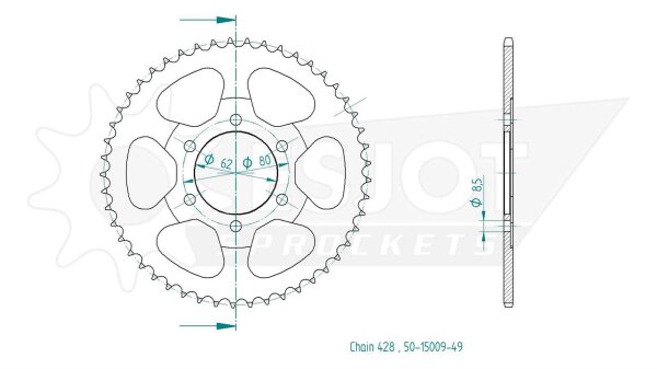 ESJOT Kettenrad "15009" 428, Stahl, schw 52 Zähne