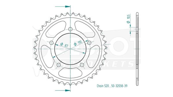 ESJOT Kettenrad "32038" 520, Stahl, schw 39 Zähne