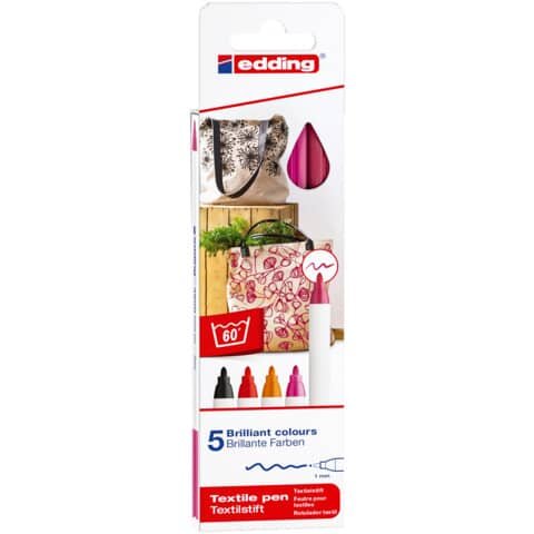 EDDING Textilstift 4600 warm colours schwarz, rot, orange, rosa, karminrot 5er Pack