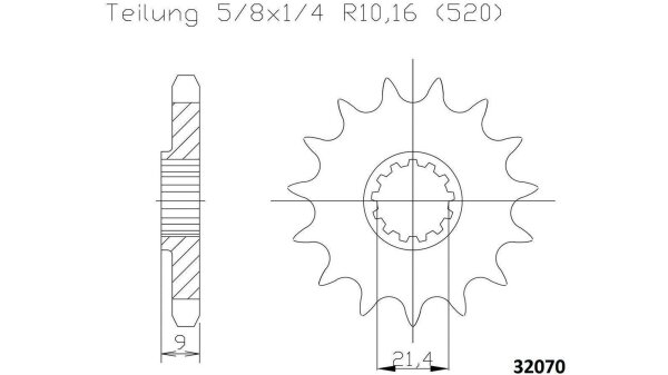 ESJOT Antriebsritzel "32070" 520, Stahl 14 Zähne, Ausführung Superlight, gewichtsreduziert Ø 10 %