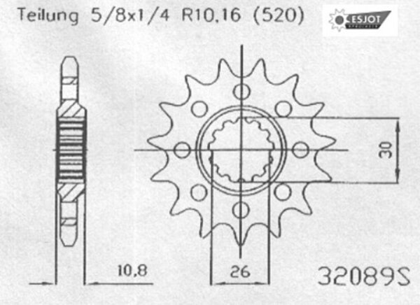 ESJOT Antriebsritzel "32089" 520 Stahl R 16 Zähne, Superlight, gewichtsreduziert Ø 10 %