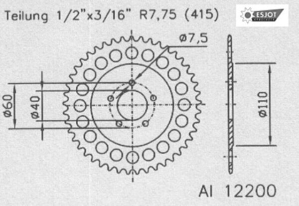 ESJOT Kettenrad "12200" 415, Aluminium,  44 Zähne