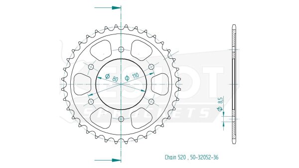 ESJOT Kettenrad "32052" 520, Stahl, schw 36 Zähne