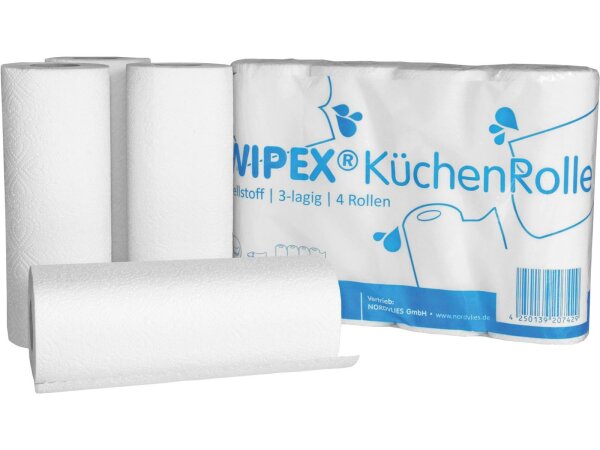 NORDVLIES Küchenrolle "WIPEX" 3-lagig, 100% Zellst 4 Rollen &aacu