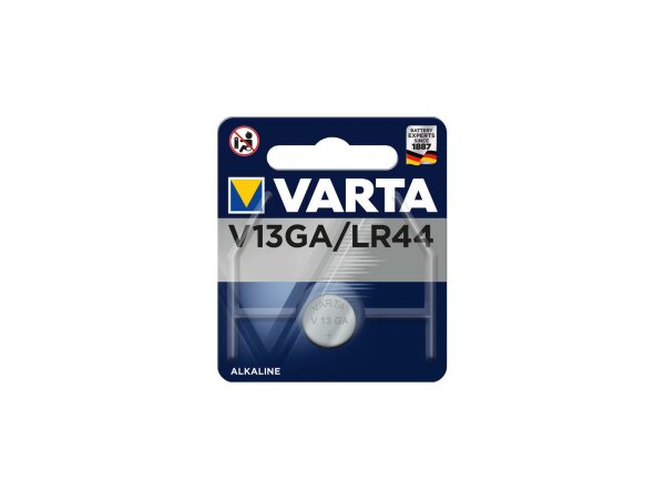 VARTA Batterie Knopfzelle, im Blister, f V13GA / LR44 (1,5 V, 125 mAh), Alkali Mangan Ø 11,6 mm, Höhe 5,4 mm, 1er Blister