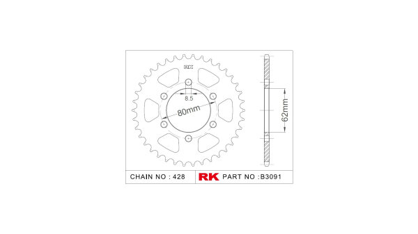 RK Kettenrad "3091" 428, Stahl, silber 52 Zähne