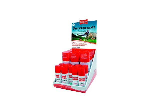 BALLISTOL Verkaufsdisplay Universalöl Bestückung: 9 St. Ballistol Spray 50 ml (0.356.035/6) 9 St. Ballistol Spray 200 ml (0.356.036/4)