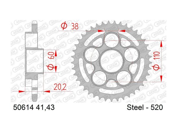 AFAM Kettenrad "50614" 520, Stahl, silbe 43 Zähne