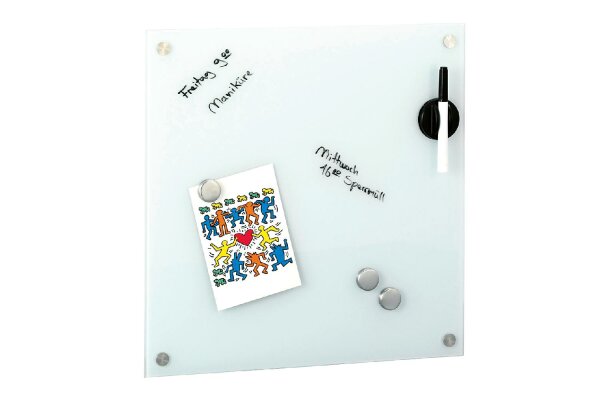 ZELLER PRESENT Memoboard Glas magnetisch mit 3 Magnete Stiftehalter und Stift 40x40cm weiß