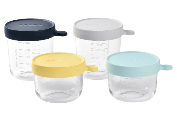 BEABA Portionsbehälter Glas (150ml gelb/150ml hellblau/250ml dunkelblau/250ml hellgrau) 4er Set