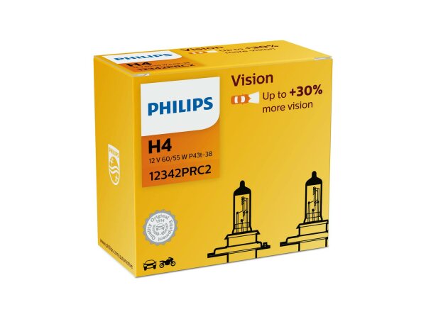 PHILIPS Hauptlampe H4, Sockel P43t-38 12 V, 60/55 W, "Vision", +30 %, 2er Set, im Karton