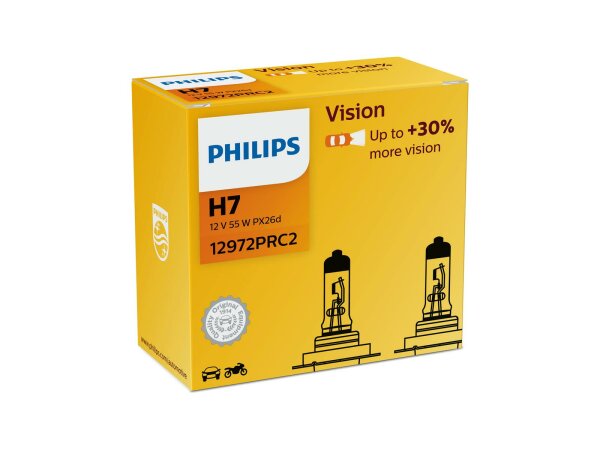 PHILIPS Hauptlampe H7, Sockel PX26d 12 V, 55 W, "Vision" + 30 %, 2er Set im Karton