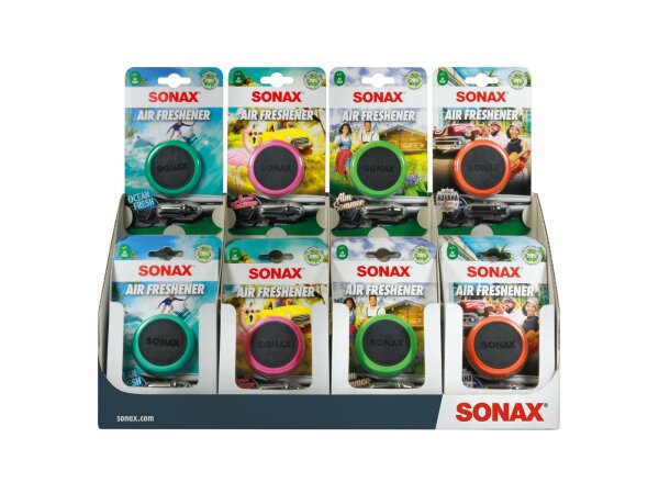 SONAX Lufterfrischer "Air Freshener" Sti Thekendisplay, gemischt (je 6x Ocean Fresh, Sweet Flamingo, Alm Sommer, Havanna Love)