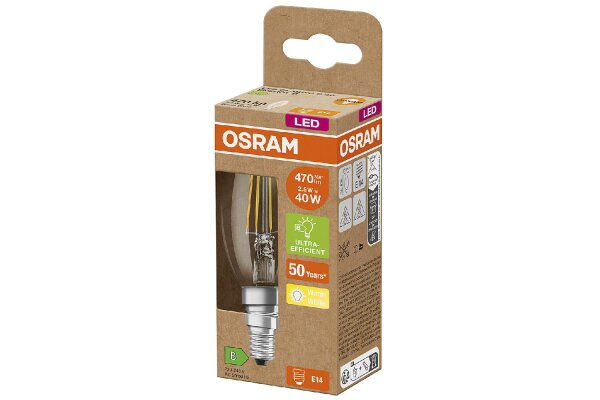 OSRAM LED Filament Kerze ULTRA EFF E14 2,5W 470lm 2.700K klar